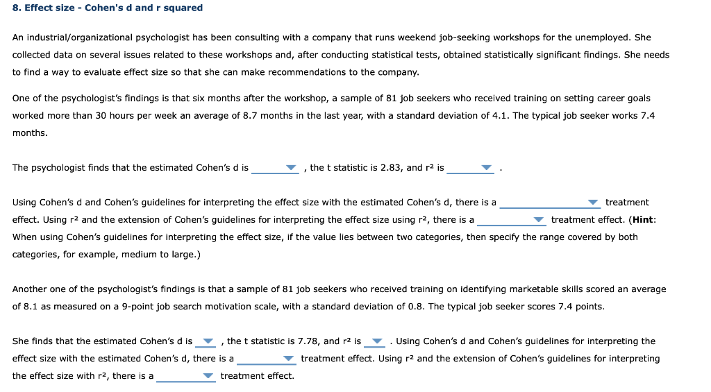 Solved 8. Effect size - Cohen&rsquo;s d and r squared An | Chegg.com