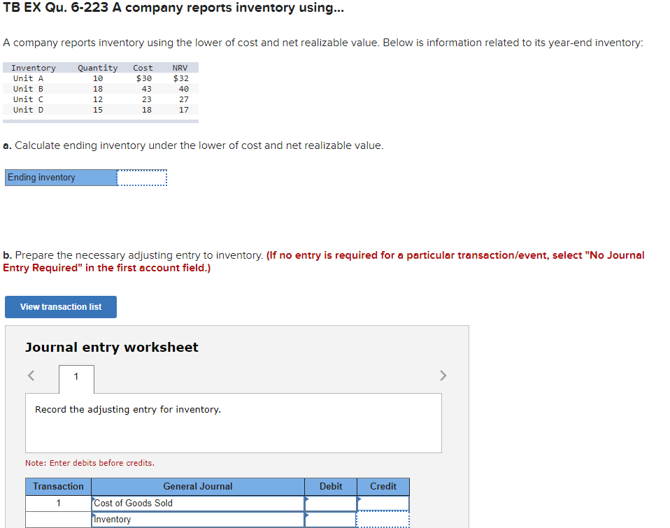 Solved TB EX Qu. 6-223 A company reports inventory using... | Chegg.com