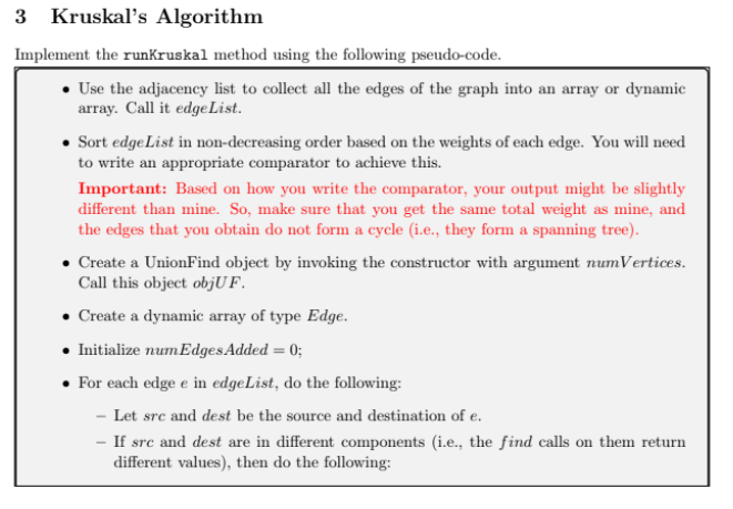 Solved 3 Kruskal's Algorithm Implement the runKruskal method | Chegg.com