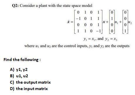 Solved Q2: Consider a plant with the state space model | Chegg.com