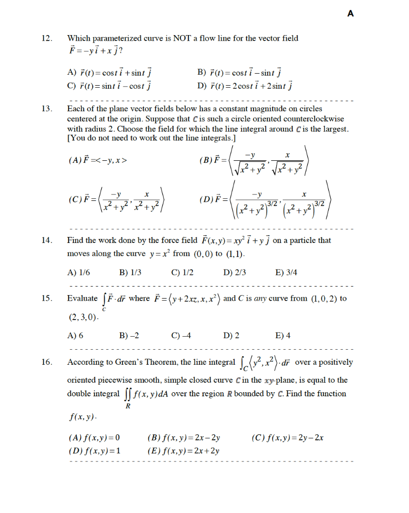 Solved А 12 Which parameterized curve is NOT a flow line for | Chegg.com