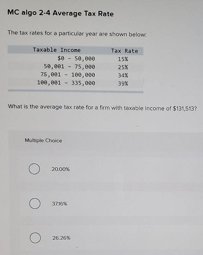 Solved MC algo 2-4 Average Tax Rate The tax rates for a | Chegg.com