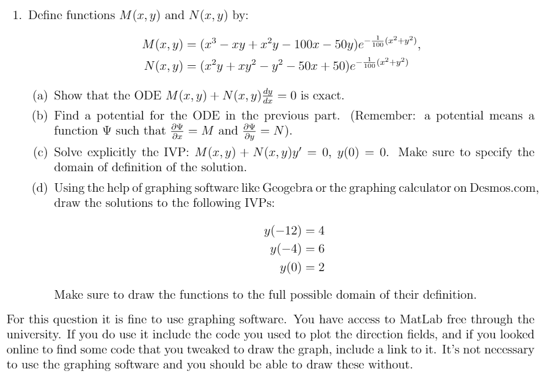 1 Define Functions M X Y And N X Y By M 2 Y Chegg Com