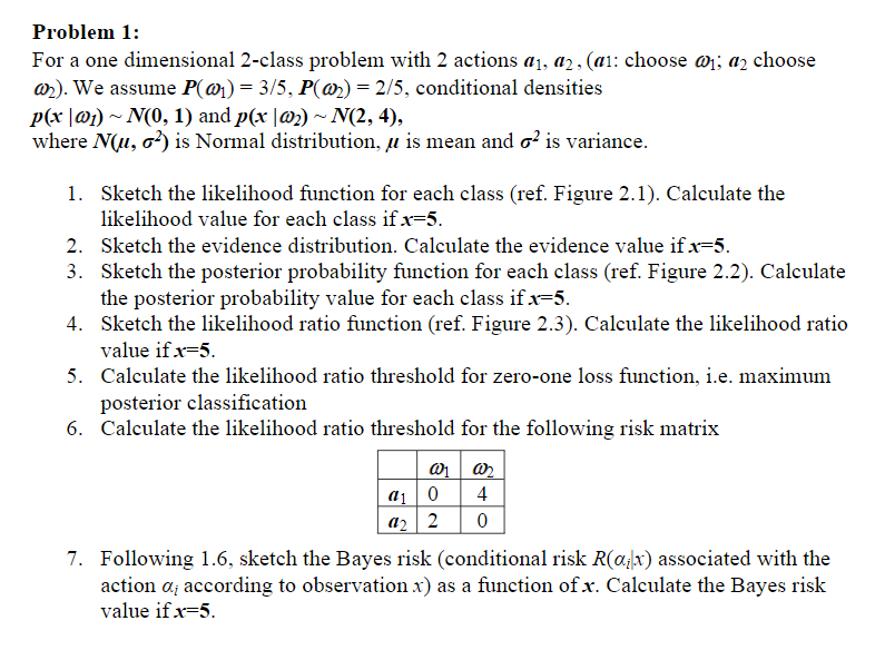 Problem 1: For a one dimensional 2-class problem with | Chegg.com