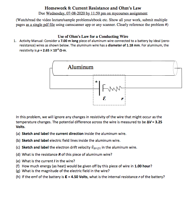 Solved Homework 8 Current Resistance And Ohm S Law Due Chegg Com
