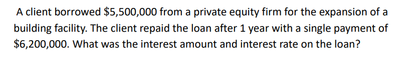 Solved A client borrowed $5,500,000 from a private equity | Chegg.com