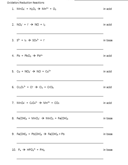 Solved Oxidation/Reduction Reactions 1. Mno. + H2O → Mn+ - | Chegg.com