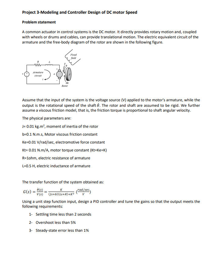 Solved Project 3-Modeling and Controller Design of DC motor | Chegg.com