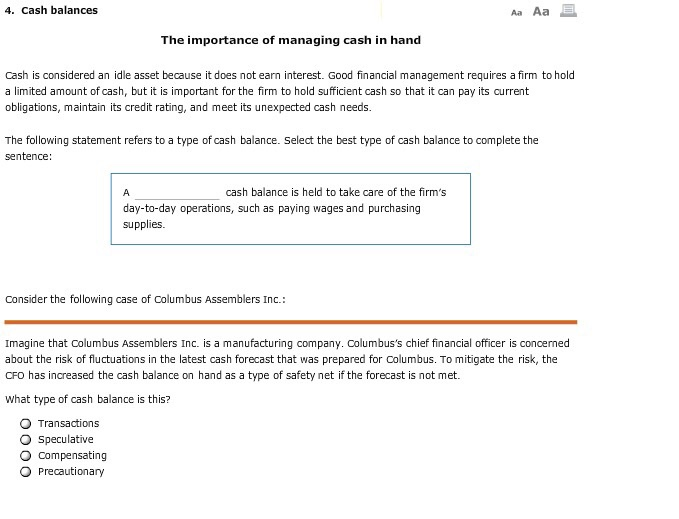 Solved 4. Cash balances The importance of managing cash in | Chegg.com