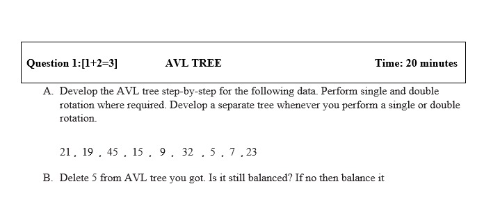 Solved Question 1:[1+2=3] AVL TREE Time: 20 minutes A. | Chegg.com