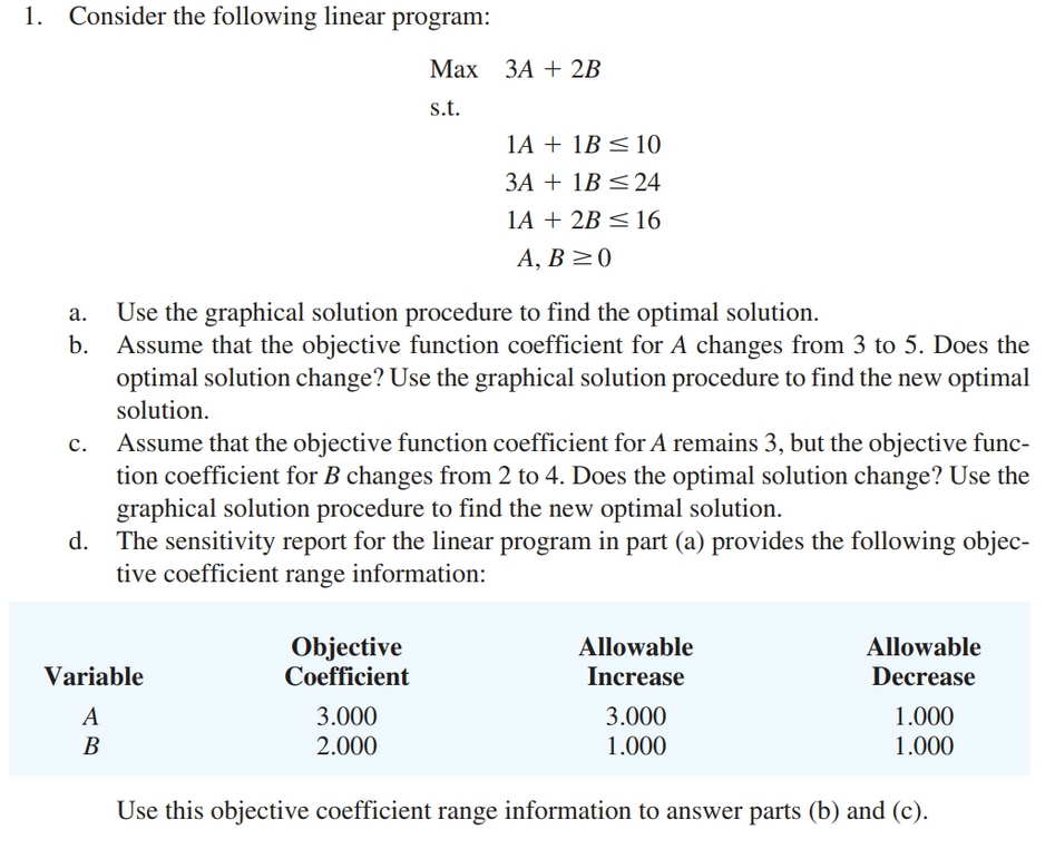 Solved 1. Consider the following linear program: Max 3A + 2B | Chegg.com