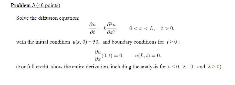 Solved Problem 3 (40 points) Solve the diffusion equation: | Chegg.com