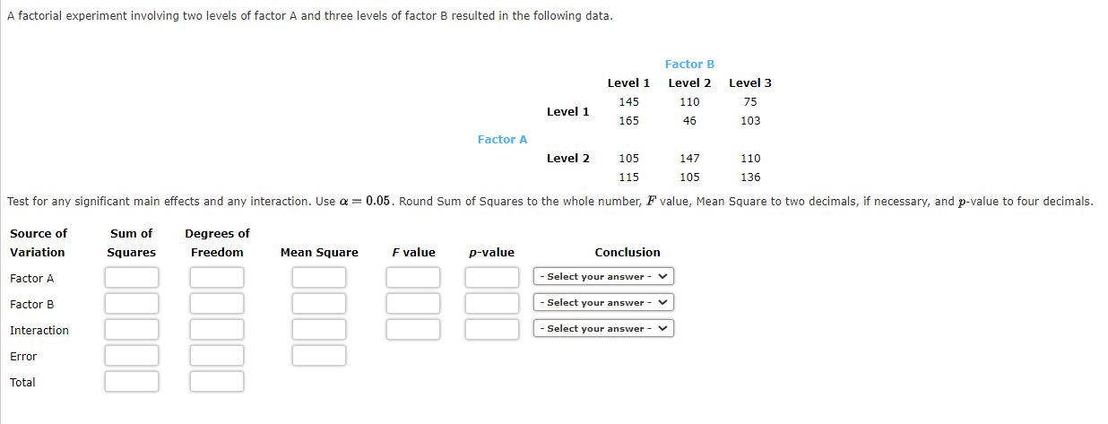 Solved A Factorial Experiment Involving Two Levels Of Factor | Chegg.com