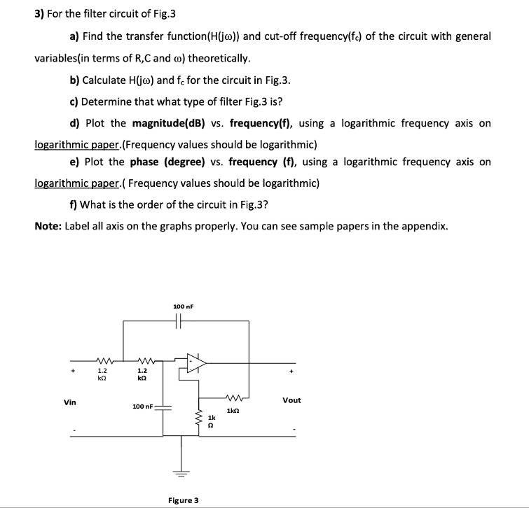 Solved 3) For the filter circuit of Fig.3 a) Find the | Chegg.com