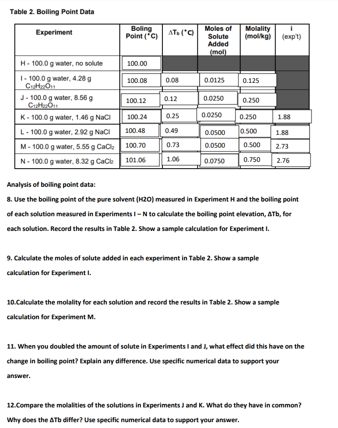 Table 1. Freezing Point Data Experiment Freezing | Chegg.com