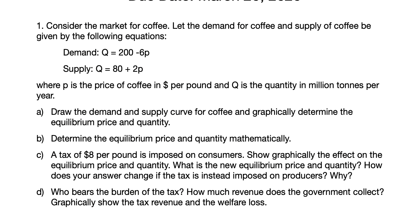 Solved 1. Consider The Market For Coffee. Let The Demand For | Chegg.com