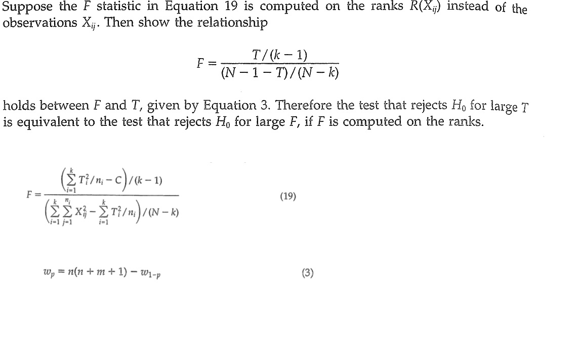 Suppose the F statistic in Equation 19 is computed on | Chegg.com
