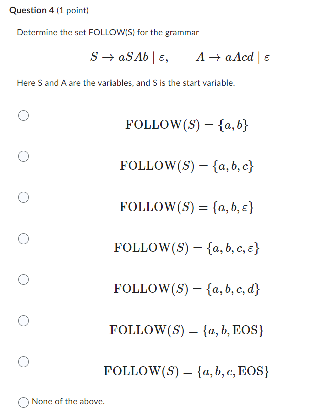 Solved Determine The Set FOLLOW(S) For The Grammar | Chegg.com