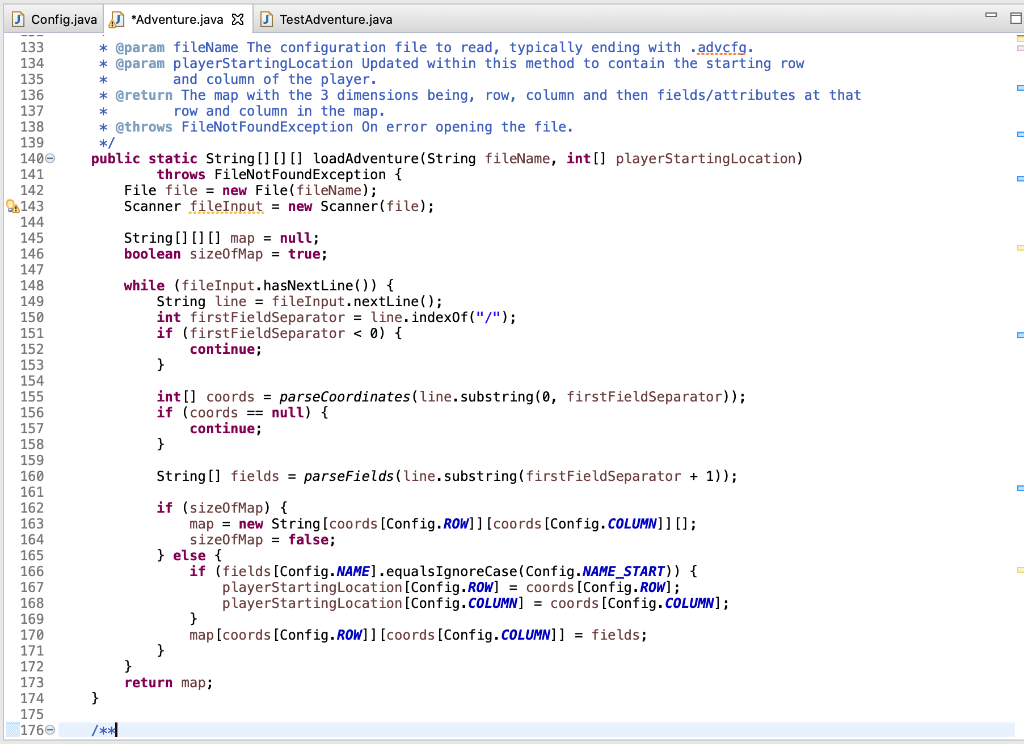 DConfig.java d *adventure.java x testadventure.java 133 * @param filename the configuration file to read, typically ending wi