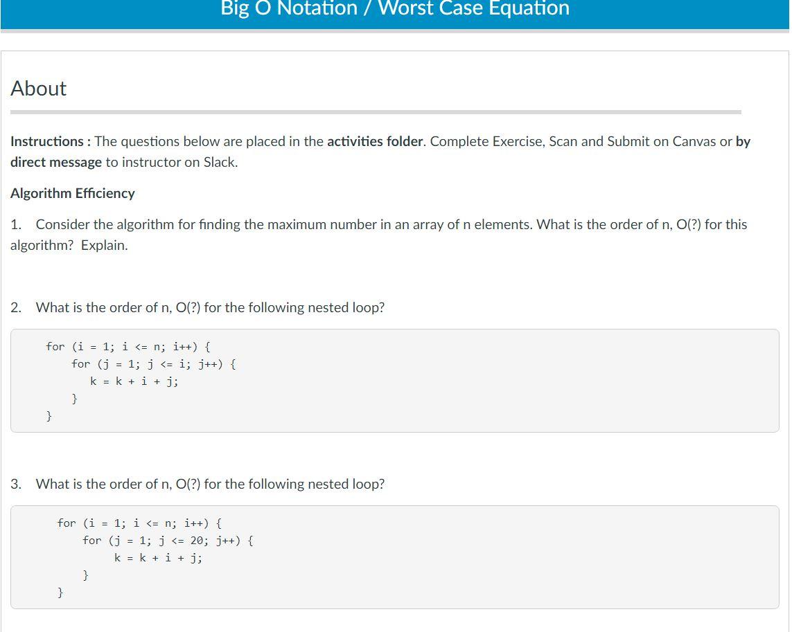 Solved Big O Notation / Worst Case Equation About | Chegg.com