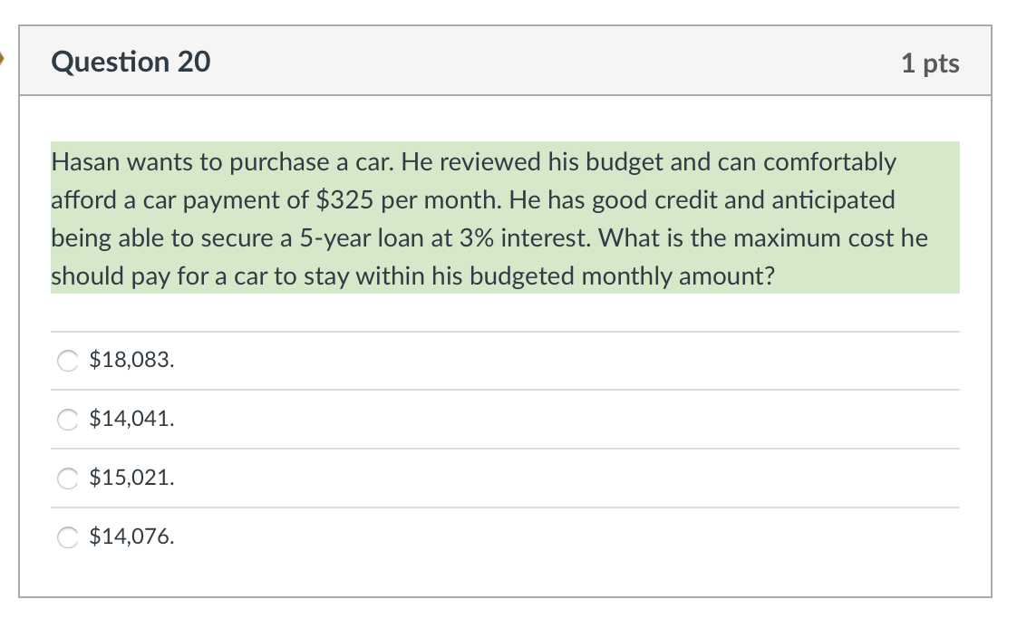 Solved Question 20 1 pts Hasan wants to purchase a car. He