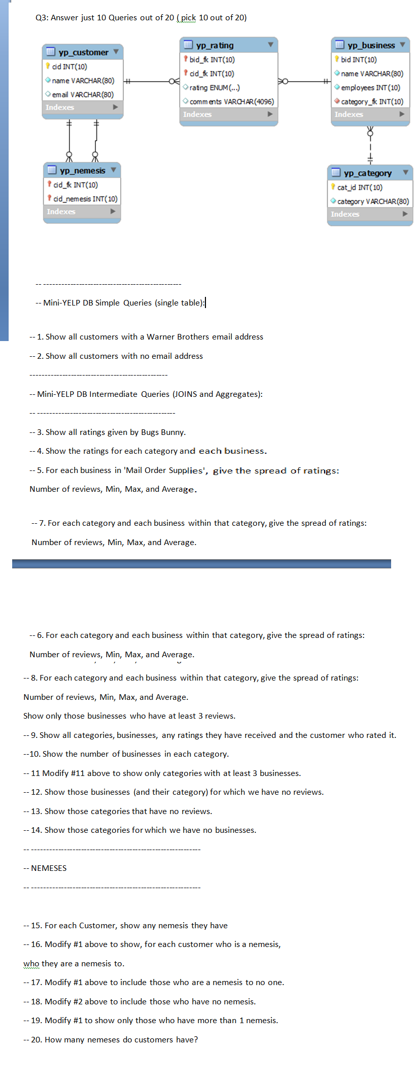 Solved Q3: Answer just 10 Queries out of 20 pick 10 out of | Chegg.com