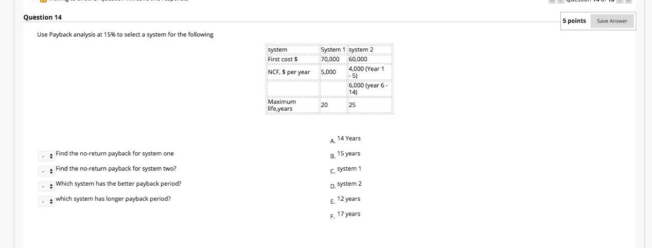 Solved Question 14 5 points Save Answer Use Payback analysis | Chegg.com
