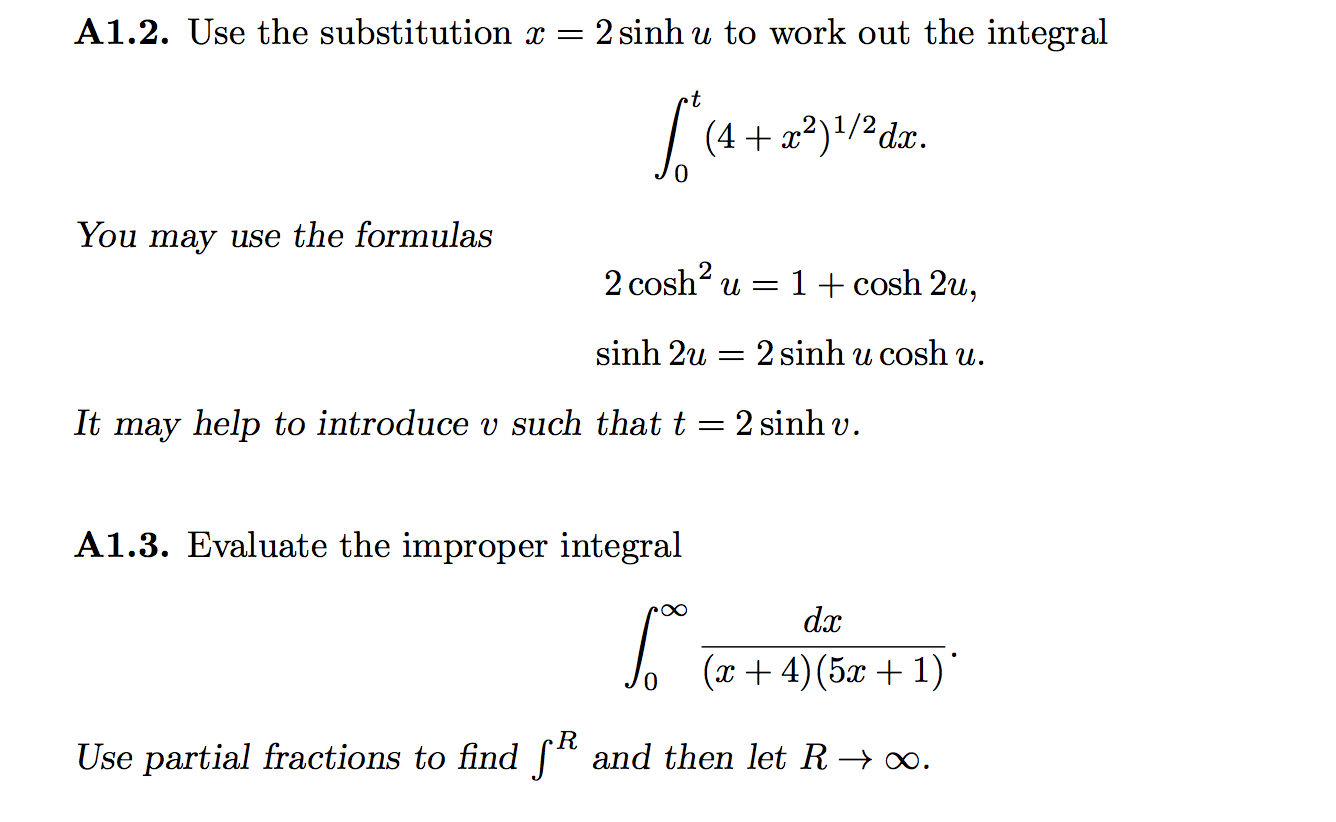 Solved A1.2. Use the substitution x = 2 sinh u to work out | Chegg.com