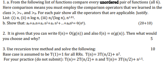 1. a. From the following list of functions compare | Chegg.com