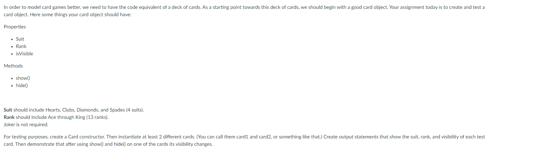 Solved Please help me with a javascript: for a card game | Chegg.com