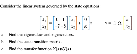 Solved Consider the linear system governed by the state | Chegg.com