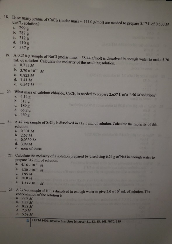 Solved 18 How Many Grams Of Cacl2 Molar Mass 1110 2219