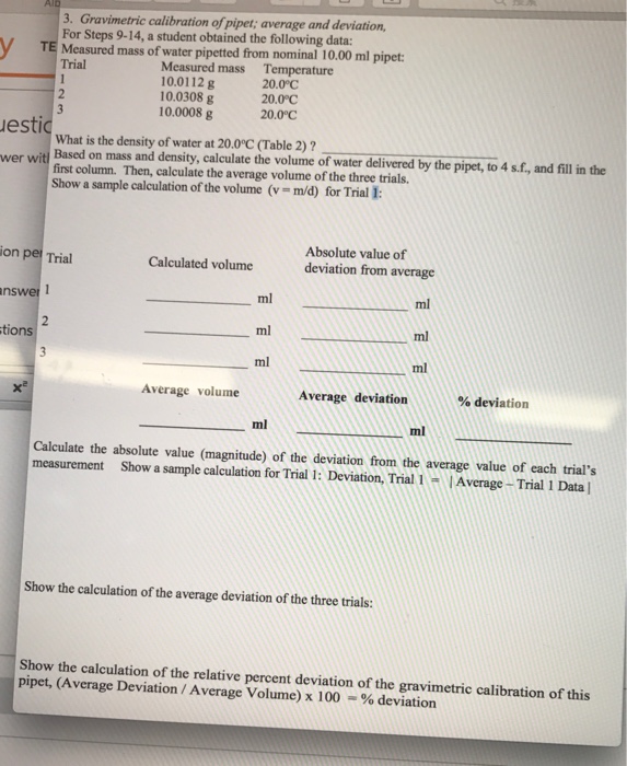 Solved 3. Gravimetric calibration of pipet; average and | Chegg.com