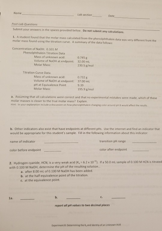 Solved Nome Lab section Date Post-Lab Questions Submit y 1. | Chegg.com