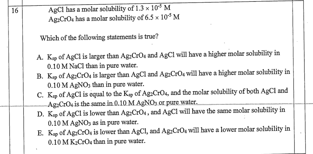 Solved AgCl has a molar solubility of 1.3 x 10-5 M Ag2CrO4 | Chegg.com