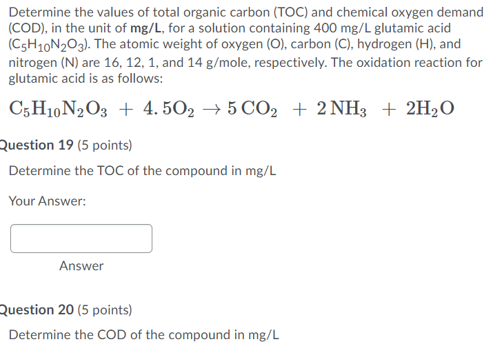 Solved Determine the values of total organic carbon (TOC) | Chegg.com