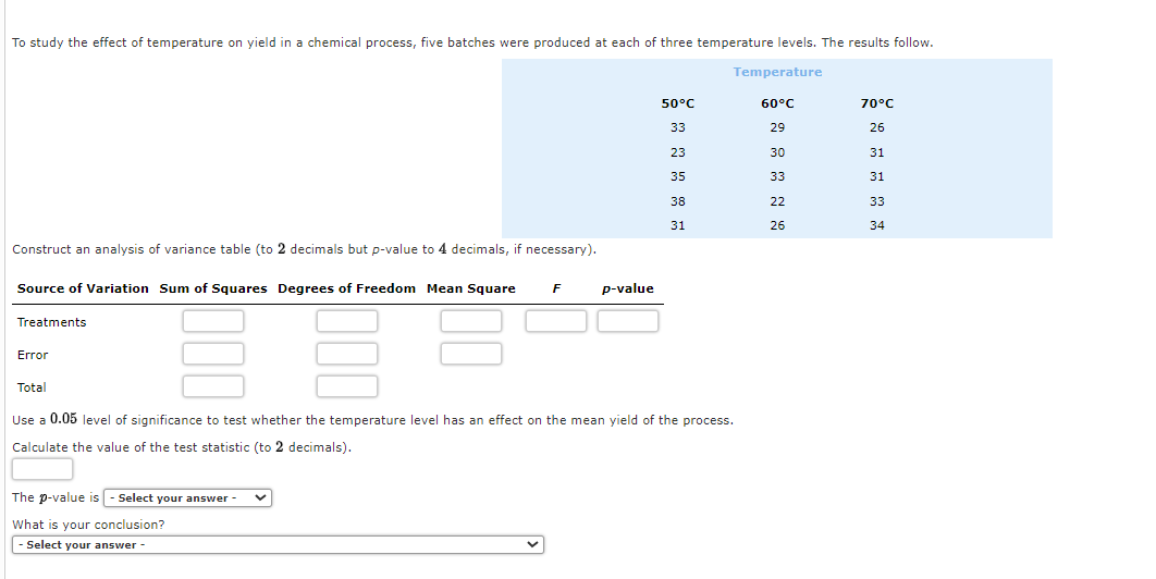 Solved To study the effect of temperature on yield in a | Chegg.com