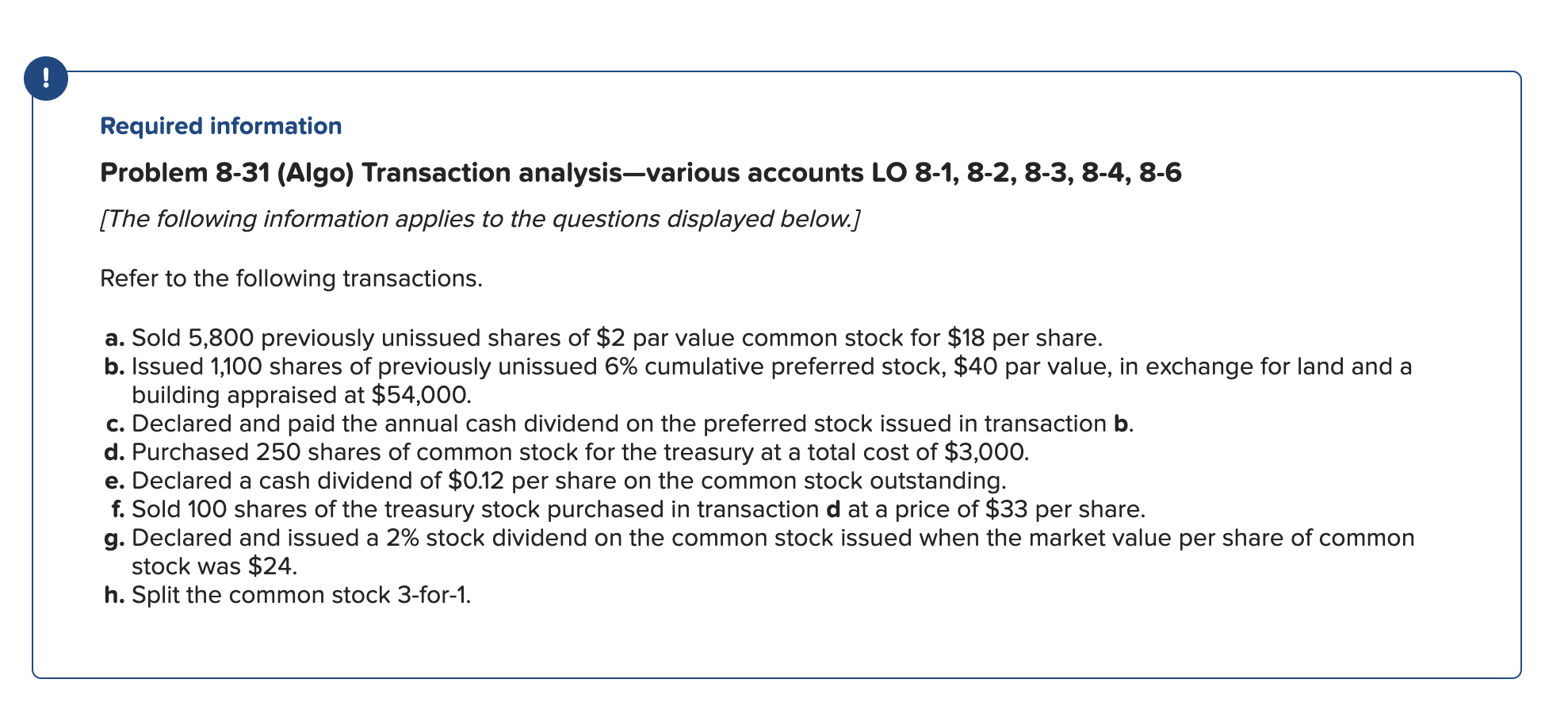 Solved Required Information Problem 8-31 (Algo) Transaction | Chegg.com