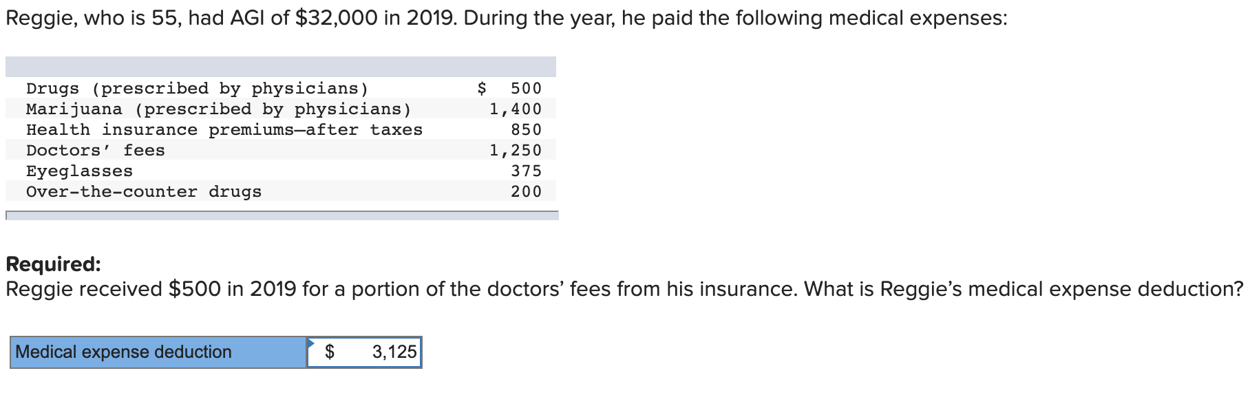 Solved Reggie, who is 55, had AGI of 32,000 in 2019. During