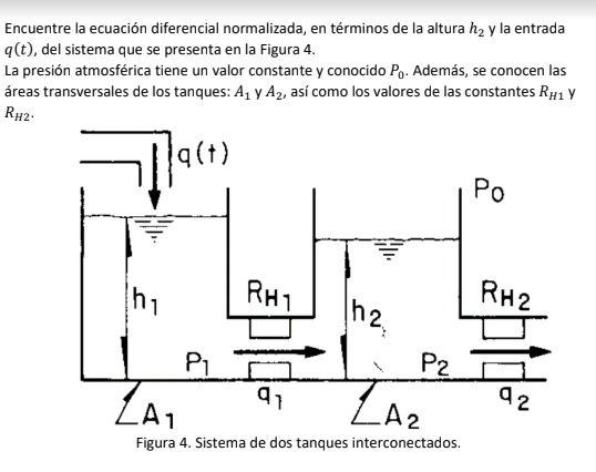 Encuentre la ecuación diferencial normalizada, en términos de la altura \( h_{2} \) y la entrada \( q(t) \), del sistema que