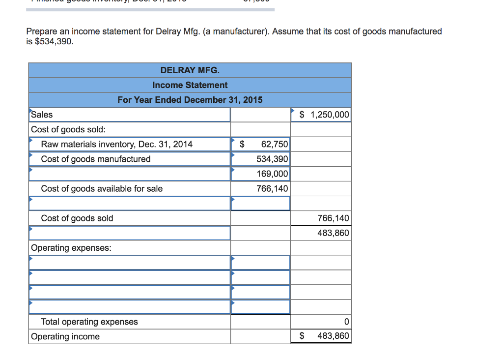 Prepare An Income Statement For Delray Mfg A Manufacturer