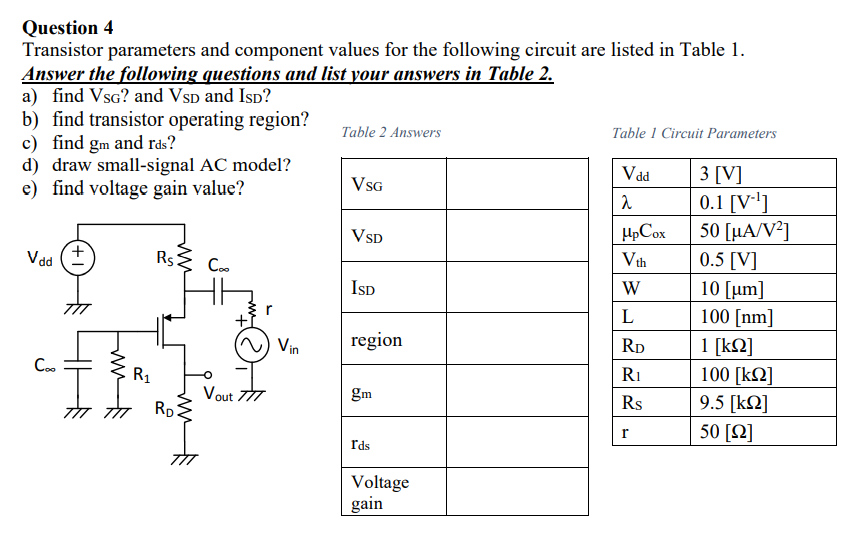 Solved Question 4 Transistor parameters and component values | Chegg.com