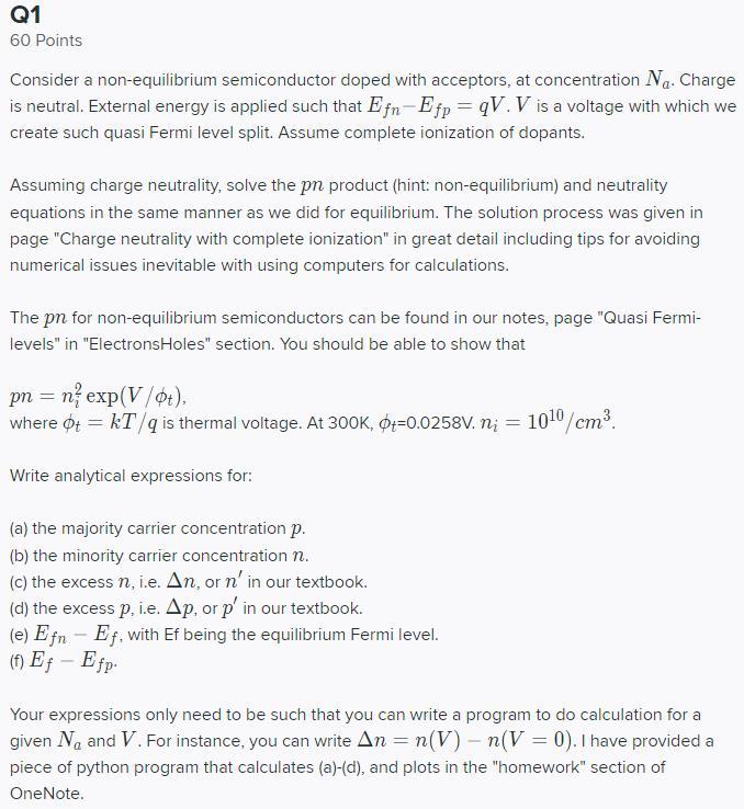 Solved Q1 60 Points Consider a non-equilibrium semiconductor | Chegg.com