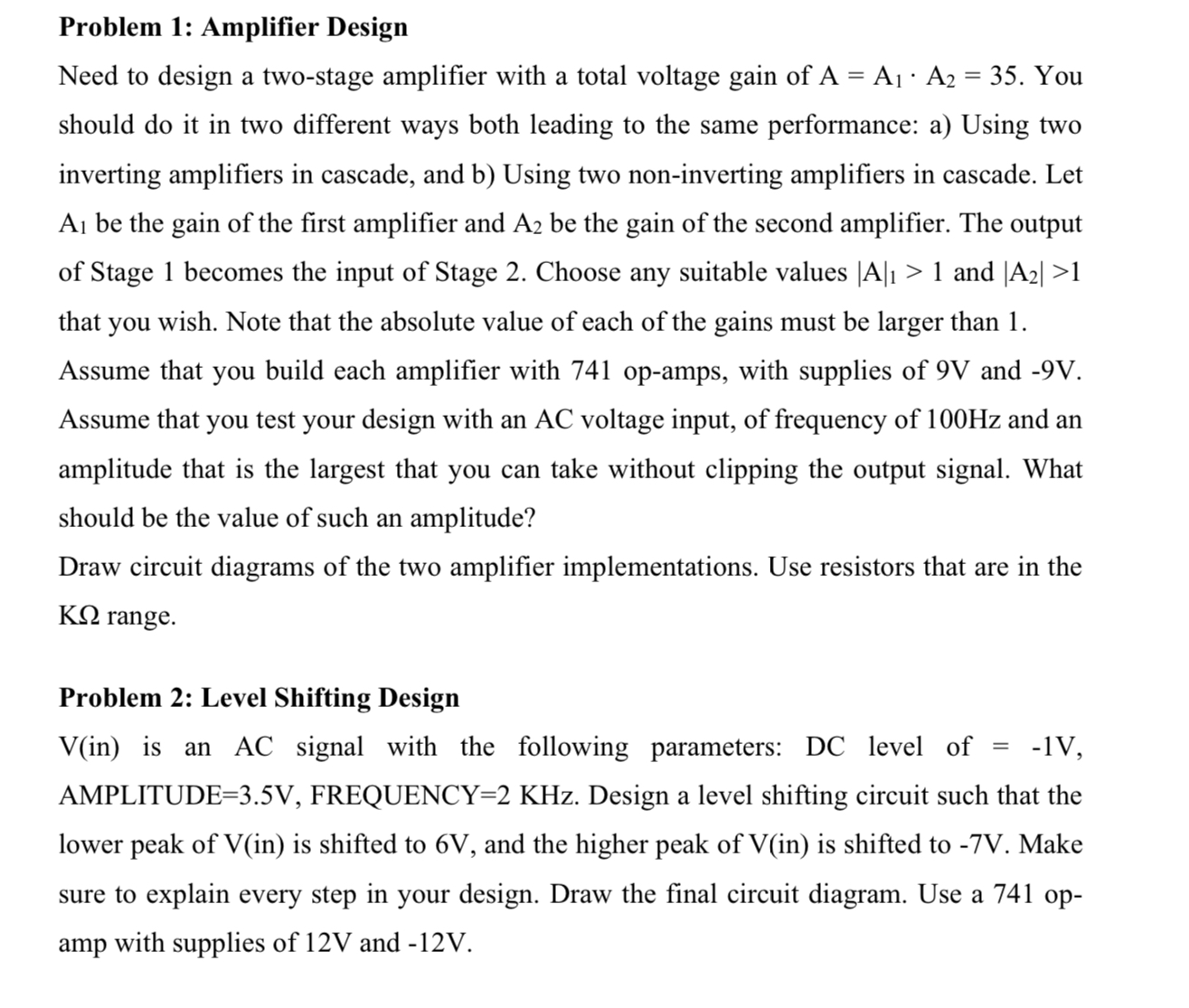 Solved Problem 1: Amplifier DesignNeed to design a two-stage | Chegg.com