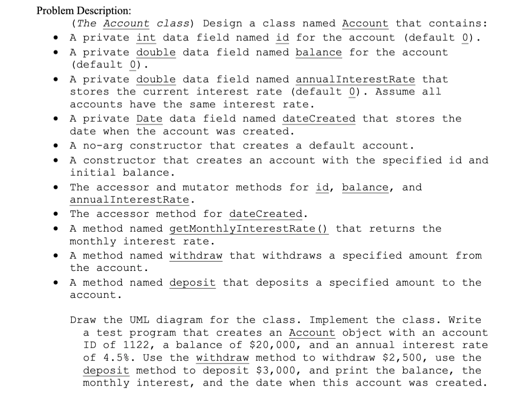 Java Account Class Example Solved O . Problem Description: (The Account class) Design a | Chegg.com