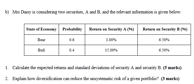 Solved B) Mrs Daisy Is Considering Two Securities, A And B, | Chegg.com