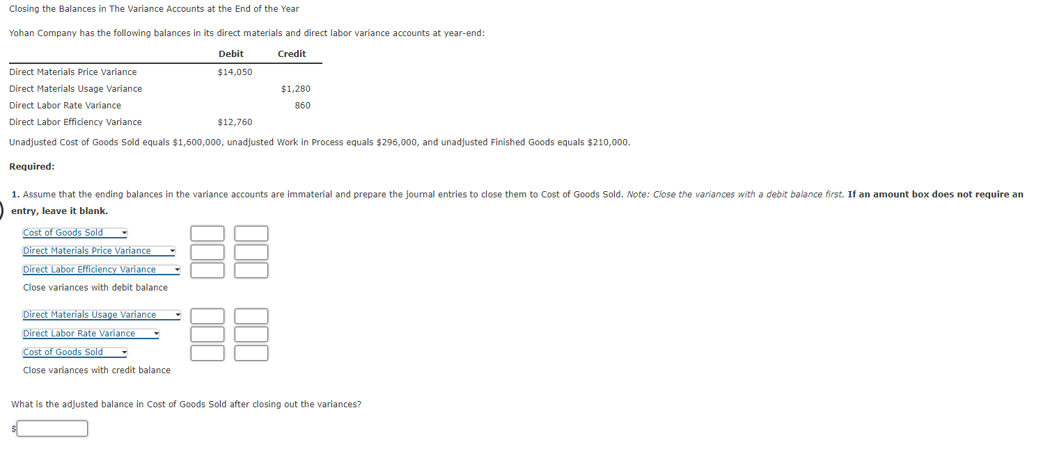 Solved Closing the Balances in The Variance Accounts at the | Chegg.com