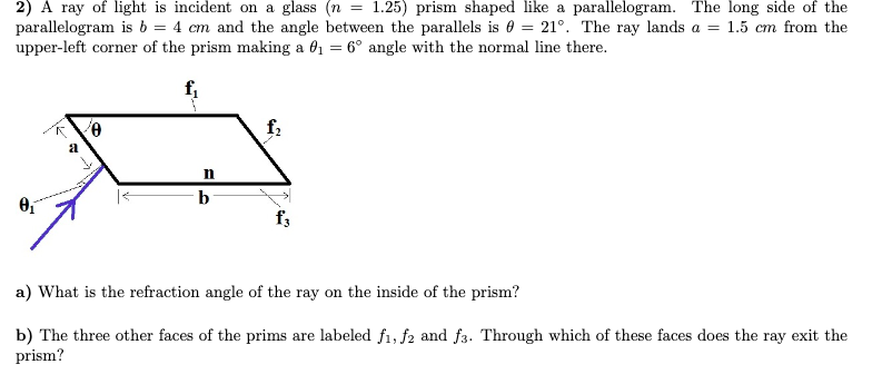 Solved 2) A ray of light is incident on a glass (n 1.25) | Chegg.com