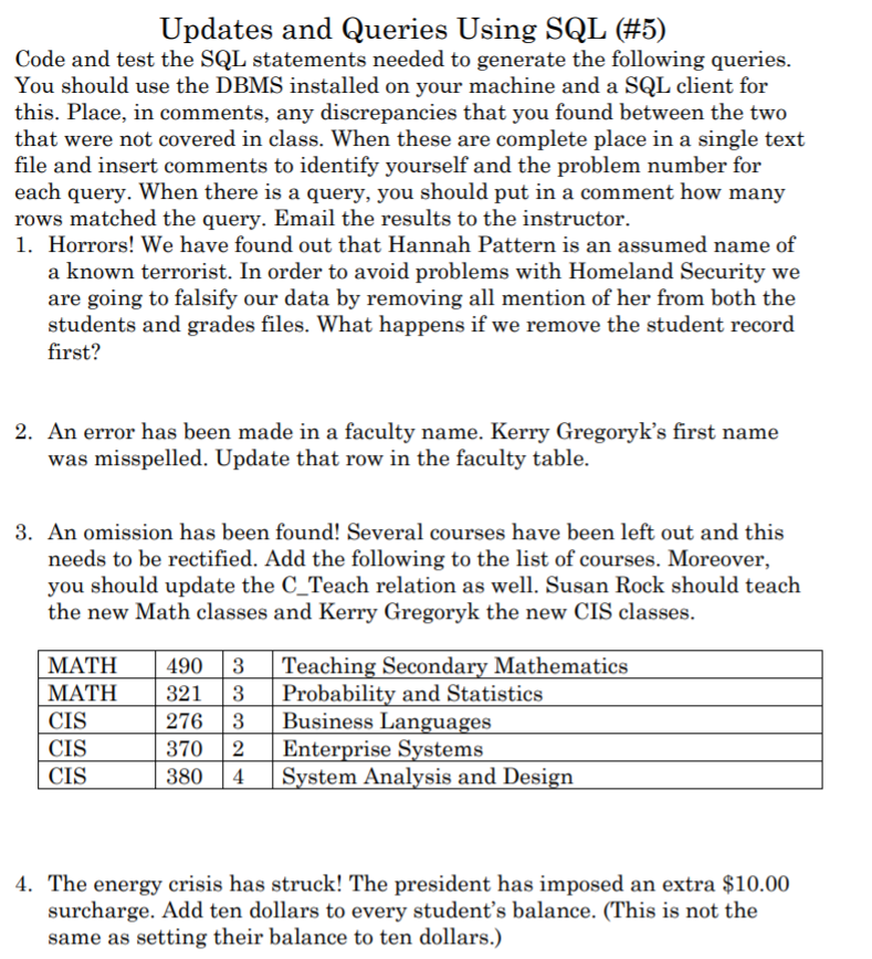 Updates and Queries Using SQL (#5) Code and test the | Chegg.com
