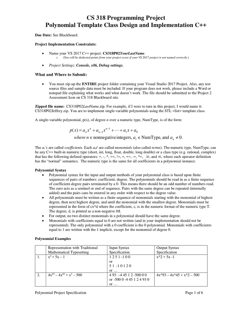 C++ Polynomial Project Must be written in C++ | Chegg.com